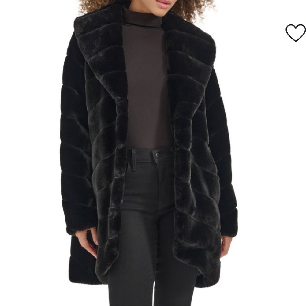 Kenneth Cole Grooved Faux Fur Long Coat